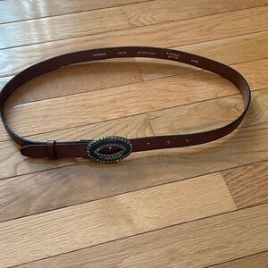 Fossil Brown Leather Belt with Decorative Oval Buckle